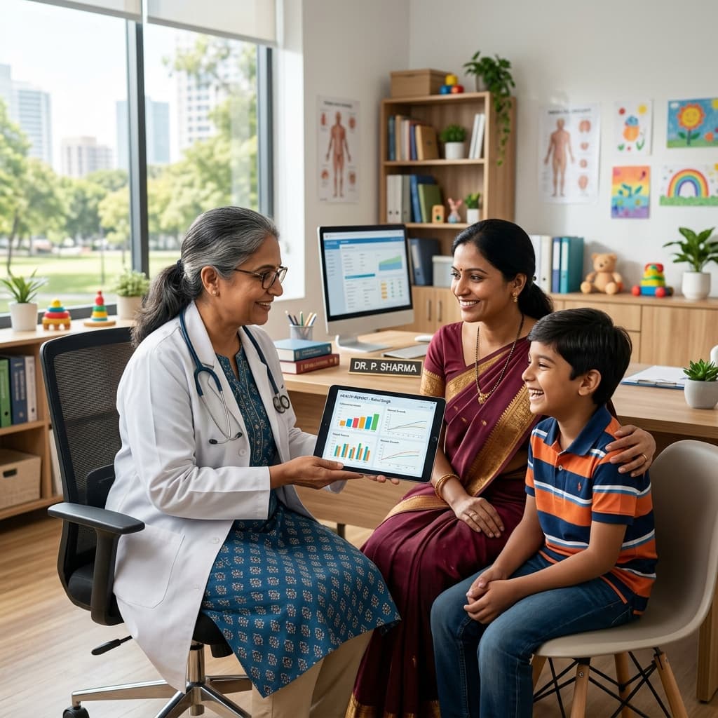 Optimistic health discussion between Indian parent and pediatrician